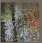Abstract painting with vertical streaks and textured surface in muted colors.