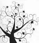 Artistic black tree with swirling branches and star-shaped leaves on white background.