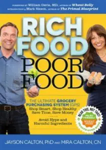 A man and woman promoting 'Rich Food Poor Food' documentary on grocery purchasing myths.