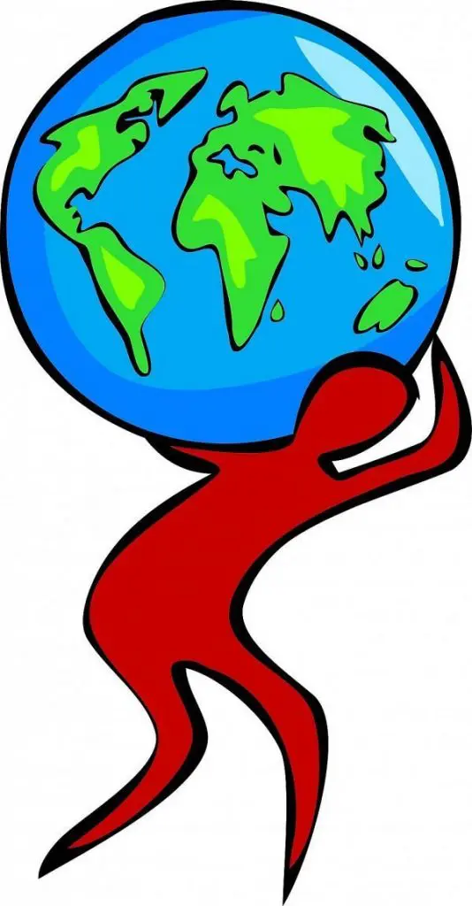 Red figure carrying a large globe symbolizing the world on its back.