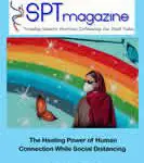Magazine cover showing a woman with a rainbow and butterfly, promoting human connection amid social distancing.