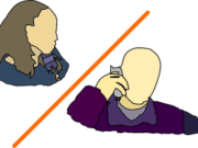Considering an online sideline? Two faceless figures communicating via phones separated by an orange diagonal line.