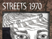 Streets 1970 A detailed black and white sketch of a person's intense eyes and headscarf.