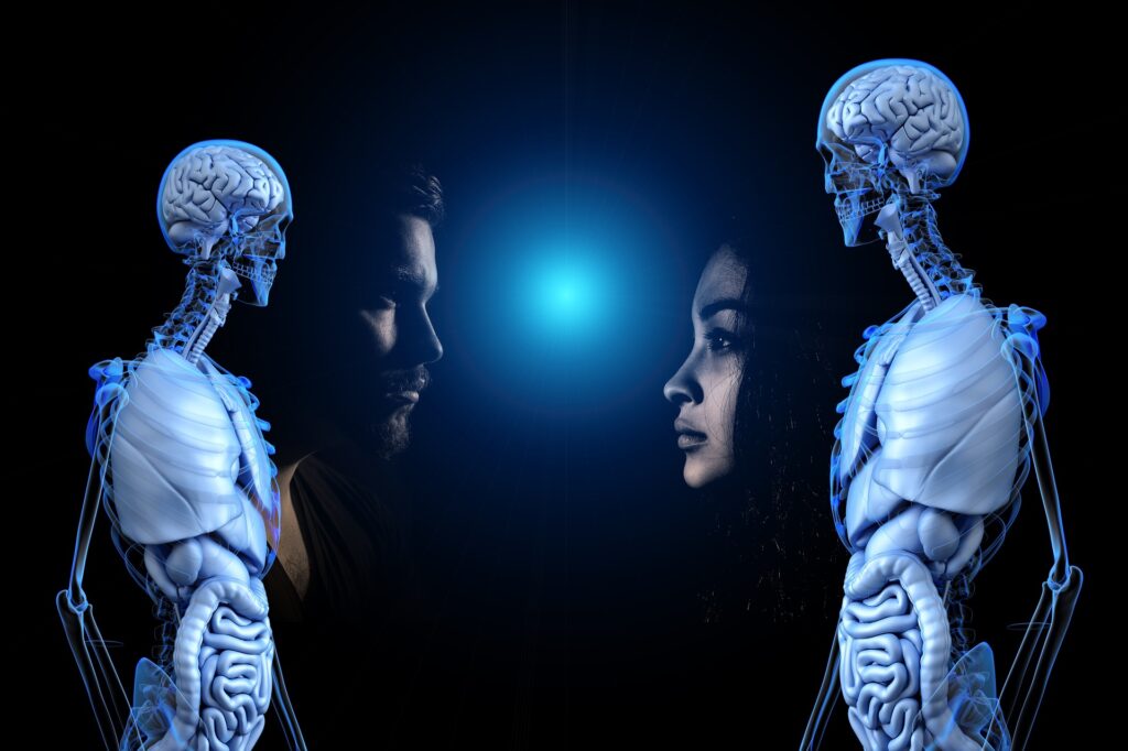 Two humans face each other, flanked by futuristic skeletal robots under a blue light.