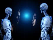 Salutogensis and Well-Being Two humans face each other, flanked by futuristic skeletal robots under a blue light.